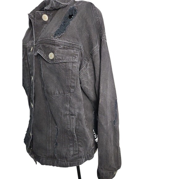 Forever 21 Womens  Distressed Denim Jacket Sz Large Destroyed Grunge Bold Punk - Picture 7 of 10